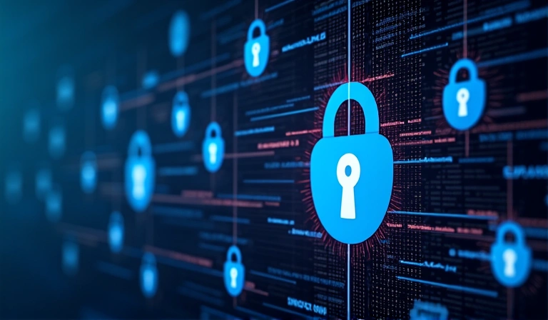 Misure di sicurezza digitale, con lucchetti e scudi che proteggono i dati